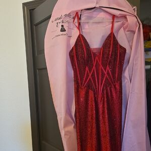 Red Jeweled Spaghetti-Strap Evening Gown